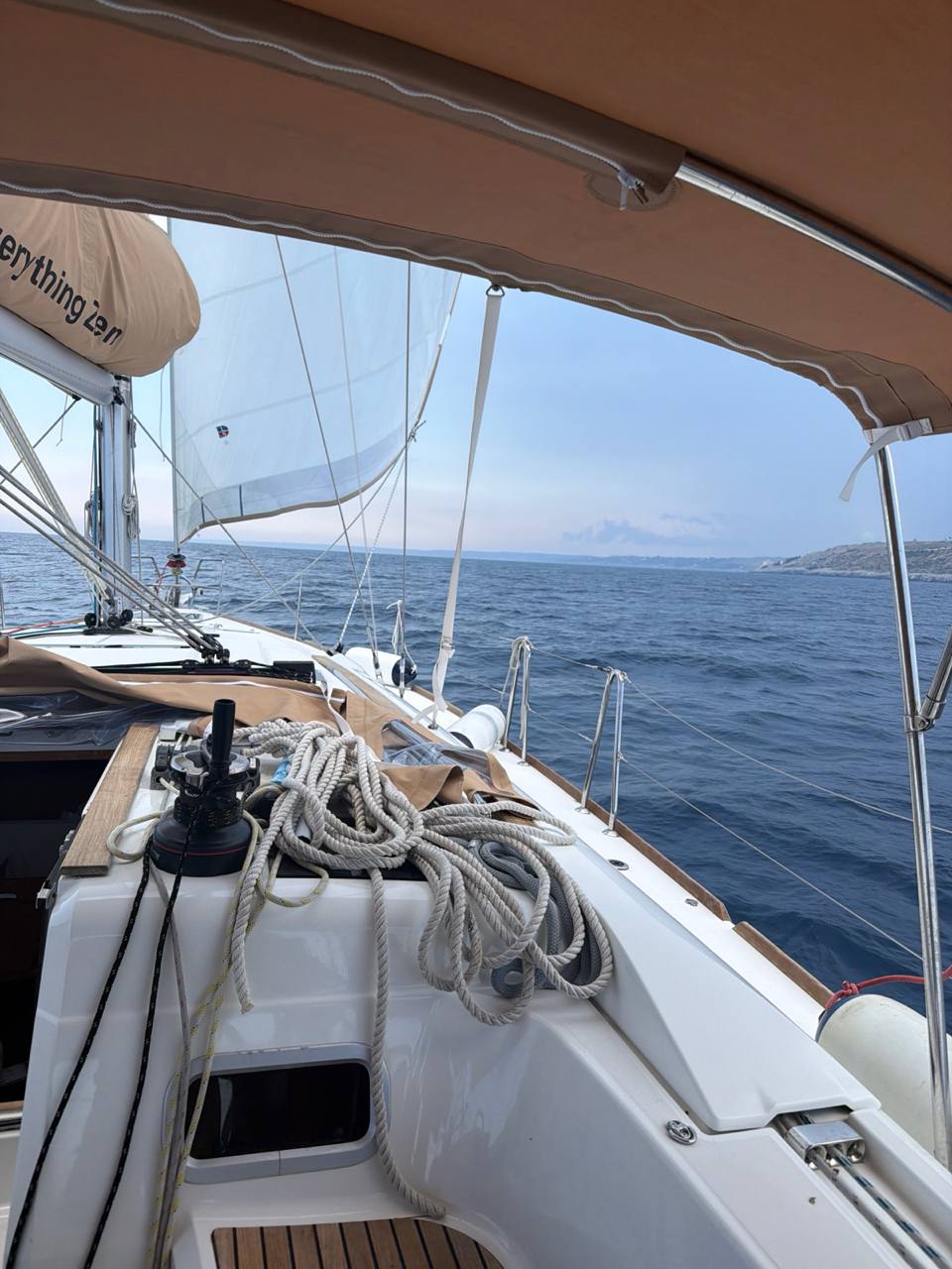 Stormy forward view from Everything Zen under sail toward Santa Maria di Leuca